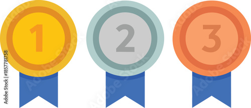 winner medal icons set with gold silver and bronze awards, flat vector illustration for ranking, competition, achievement and success