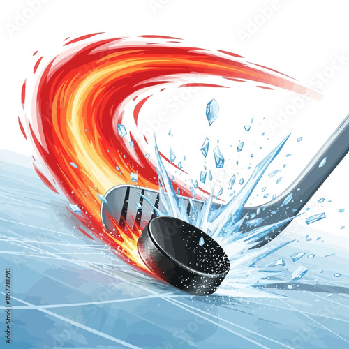 Hockey Puck Impact with Fire and Water Illustration.