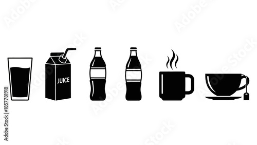 Collection of various beverage icons including juice, soda, coffee, and tea in black and white.