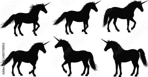 Unicorn silhouette collection, black unicorns, fantasy horse design, magical creature clipart, prancing unicorns, vector illustration, mythical animal, graphic set