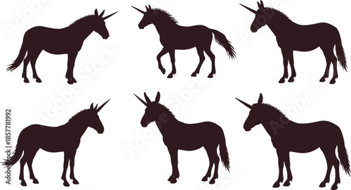 Unicorn silhouette collection, mythical horse poses, fantasy animal clipart, black unicorn vector, magical creature design, isolated mythical beast illustration