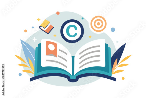 Open book with copyright symbol and educational icons representing intellectual property, knowledge protection and creative rights