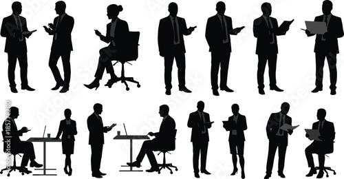 Business silhouettes, corporate teamwork, office meeting, professional communication, digital devices, workplace interaction, formal attire, business people, collaboration, productivity, leadership
