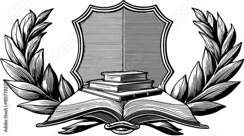 Vintage scholarly emblem with open books, shield, and laurel wreath. Classic academic knowledge symbol engraving.