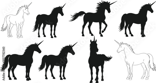 Unicorn silhouette, unicorn outline, fantasy horse, magical creature, mythical animal, vector unicorn, black white unicorn, prancing unicorn, unicorn icon