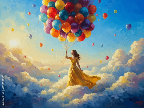 Whimsical Oil Painting of Girl with Colorful Balloons in Cloud Sky