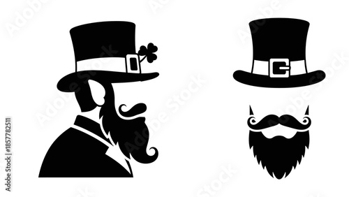 Stylized black and white silhouette of a man with a beard and top hat, featuring a shamrock detail, perfect for St. Patrick's Day designs.