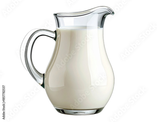 A transparent glass pitcher filled with fresh, creamy white liquid, set against a black backdrop