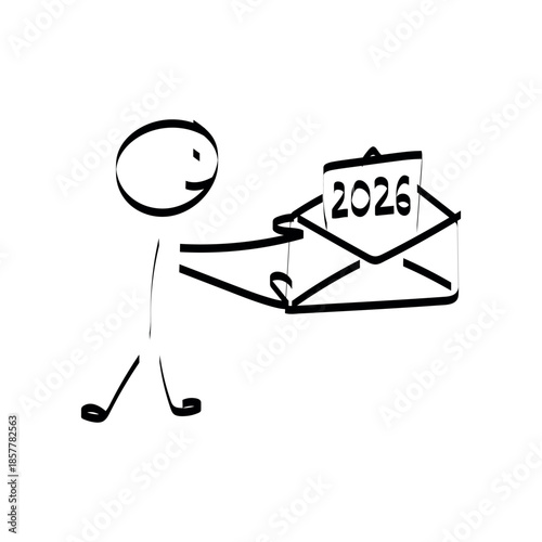 2026. doodle. Simple hand-drawn stick figures presenting the year 2026 on a board, symbolizing future planning, goals, and business forecasting.