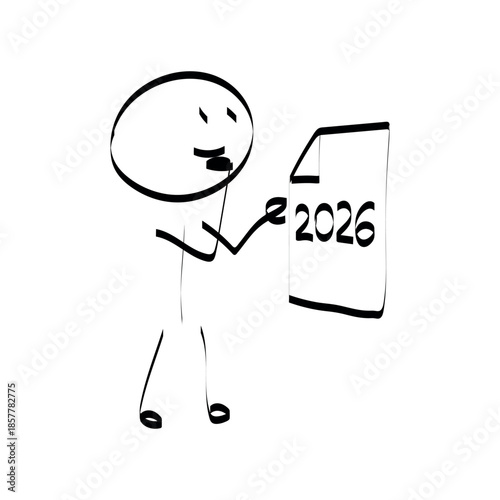 2026. doodle. Simple hand-drawn stick figures presenting the year 2026 on a board, symbolizing future planning, goals, and business forecasting.