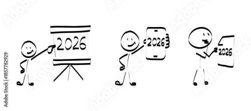 2026. doodle. Simple hand-drawn stick figures presenting the year 2026 on a board, symbolizing future planning, goals, and business forecasting.