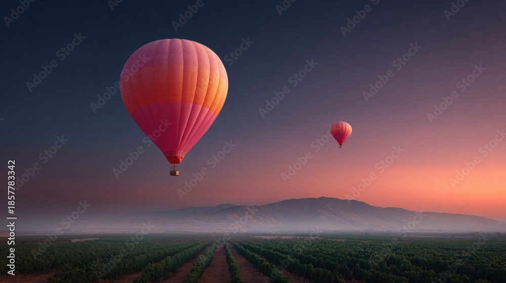 Obraz premium Two hot air balloons flying over a vast landscape. the balloons are pink and orange in color and are inflated.
