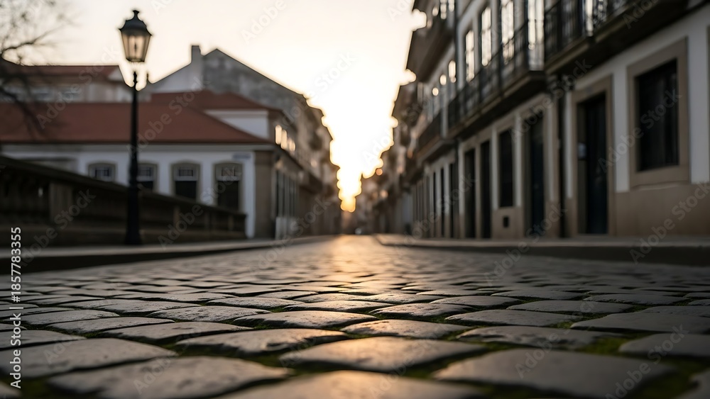 Obraz premium Cobblestone street in a european city at sunset with historic buildings and a lamppost