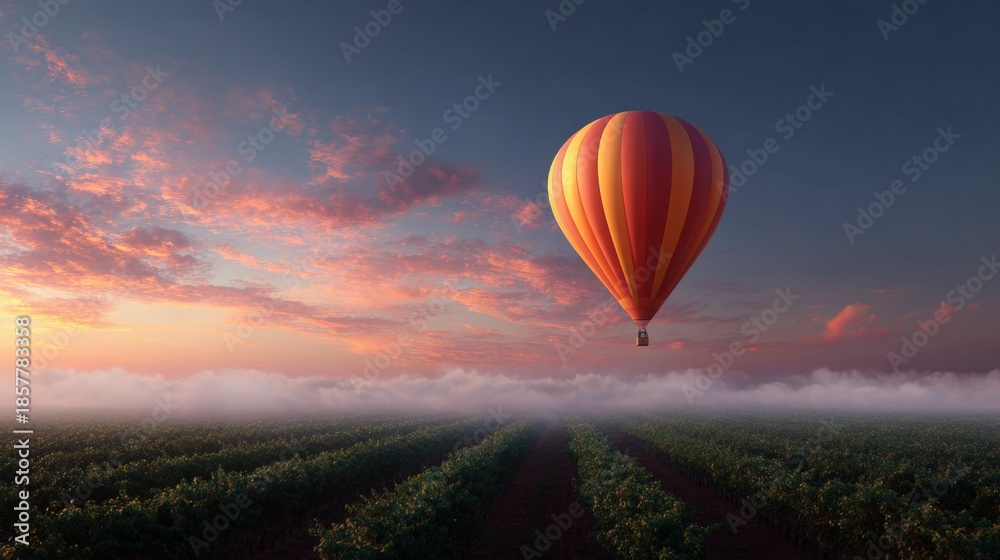 Fototapeta premium Hot air balloon flying over a vast field of crops. the balloon is orange and yellow striped and is in the center of the image.