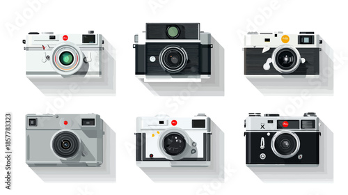 Set of classic vintage retro film cameras in flat design style with long shadows. Collection of analog photography equipment illustration.