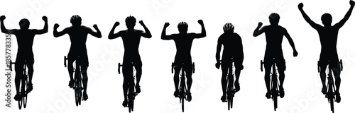 Cyclist silhouettes, victory pose, bike race celebration, group cycling, sports illustration, black and white, helmet, motion, fitness, competition, teamwork