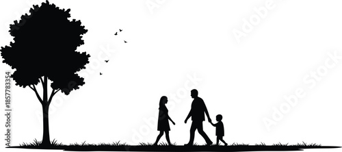 Family walking outdoors, tree silhouette, peaceful nature scene, birds flying, grass field, togetherness, black and white, parent child bonding, tranquil moment