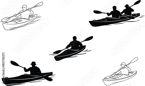 Kayaking illustration, outdoor adventure, water sport, paddling silhouette, kayak vector, active lifestyle, river activity, canoeing scene, recreation design, fitness motion