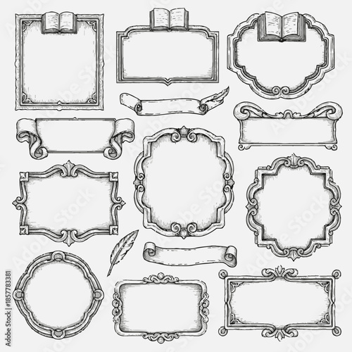 A collection of ornate, blank frames and scrolls in a classic illustration style