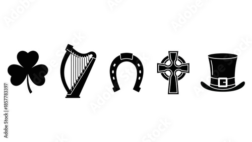 Irish cultural symbols: shamrock, harp, horseshoe, Celtic cross, and leprechaun hat in black and white.