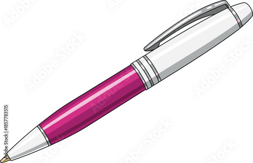 Vector illustration of a pink and white ballpoint pen, isolated writing tool for office or school stationery.