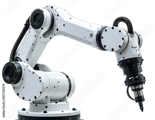 Modern, articulated robotic arm. White, with mechanical joints and a complex end-effector for industrial tasks