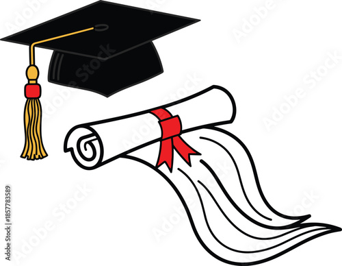 Vector illustration of black graduation cap with gold tassel and rolled diploma scroll with red ribbon, isolated education concept.