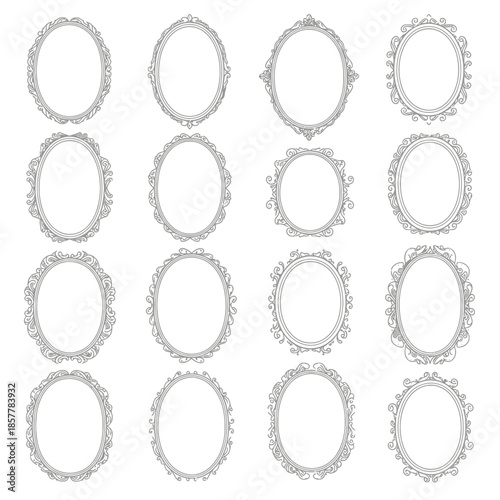 A collection of ornate frames displayed on a plain white background from a direct viewpoint