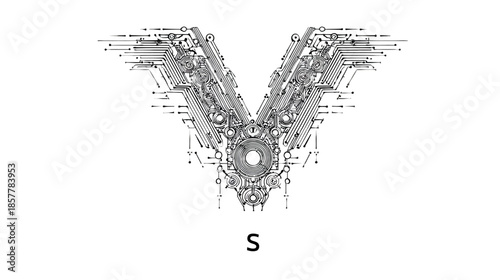Futuristic abstract geometric V and S letters. Intricate mechanical circuit-like design on white background, tech concept.
