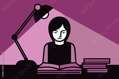 Student Reading Book Under Desk Lamp at Night Flat Vector Illustration