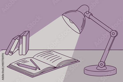 Study Desk with Lamp and Open Book Flat Education Vector Illustration