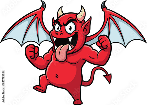 Cartoon devil with fangs and wings, red skin, angry expression, dynamic pose, monster character – flat vector illustration