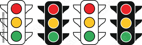 Traffic lights with visors, red yellow green signals, white and black backgrounds, road safety symbols – flat vector illustration