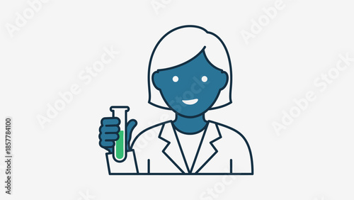 Female scientist or chemist holding a test tube with green liquid in a laboratory setting.