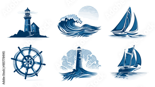Retro Engraved Nautical Illustrations Set. Marine Lighthouses, Sailboats, Ship Wheel, and Ocean Waves Collection. Vector Icons.
