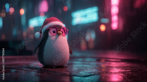 A cute little penguin wearing  santa claus hat, set against cyberpunk city background.