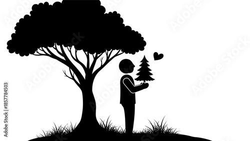 Silhouette of a person holding a small pine tree under a large tree, symbolizing nature conservation and love for the environment.