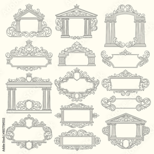 Ornate frames and decorative elements in a classical illustration style