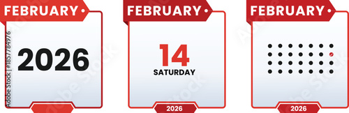 February 14 Saturday 2026 calendar icon set vector illustrator. Schedule date, appointment, month, week, agenda,valentine. Checklist day calendar.