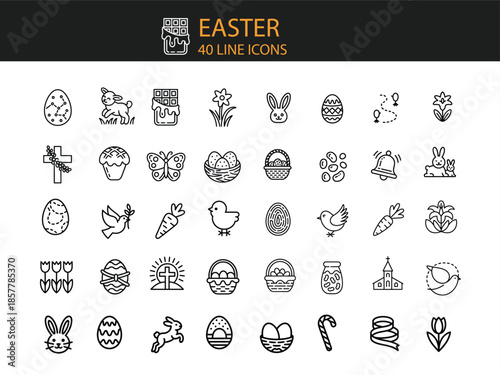 Easter themed line icon set with various symbols and elements Keywords: Easter, holiday