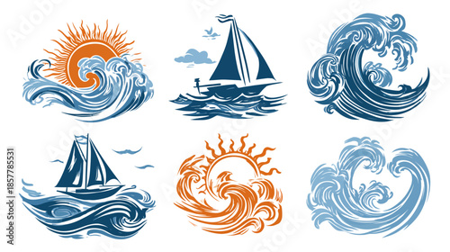 Vintage Hand-Drawn Nautical and Ocean Illustrations Set with Sun, Sailboat, and Crashing Sea Waves. Summer Travel and Marine Art.