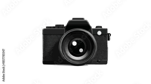 Sleek black digital camera with prominent lens, isolated on a pure white background. Modern photography equipment technology.