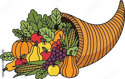 Harvest cornucopia overflowing with fresh colorful seasonal fruits vegetables and leafy greens symbolizing abundance and thanksgiving celebration