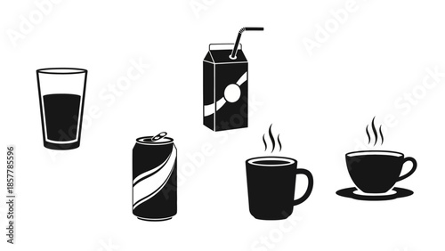 Collection of various beverage icons including glass, soda can, juice box, and hot drinks in mugs and cups.
