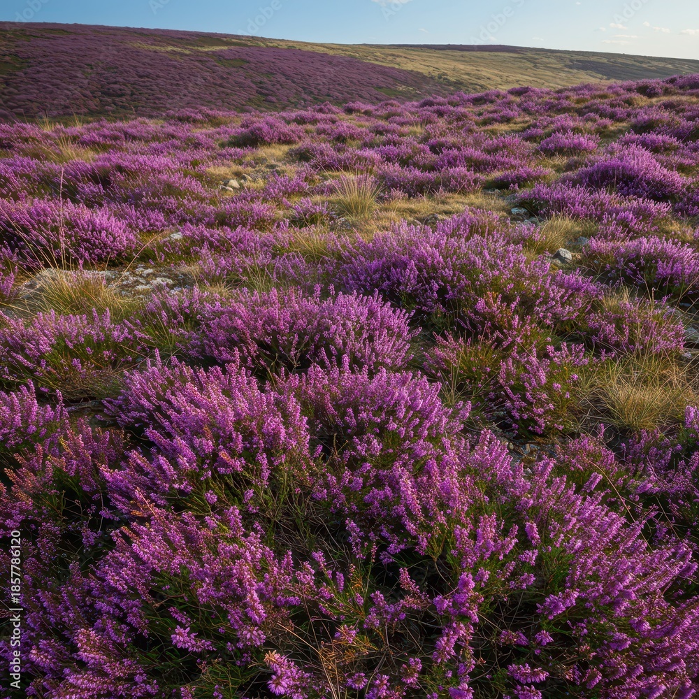 Fototapeta premium Vibrant purple heather blooming across the rugged heathland landscape under the bright summer sun on a warm afternoon. The wild flowers cover the rolling hills, sunlight, peaceful, summer