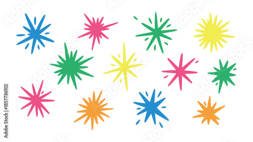 Burst of Colors: A vibrant display of colorful starbursts, each bursting with energy and cheer, create a sense of dynamic celebration and joy.