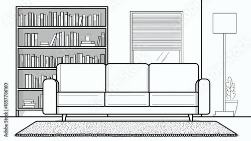 Modern black and white outline illustration of an empty living room interior with a sofa, bookshelf, window, and floor lamp, minimalist home design