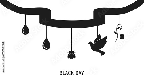 Solemn black banner design featuring hanging teardrops, a mourning dove, and floral elements symbolizing remembrance for a significant occasion or black day.