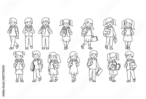Black line vector illustration of school kids with backpacks and supplies in different poses isolated on white