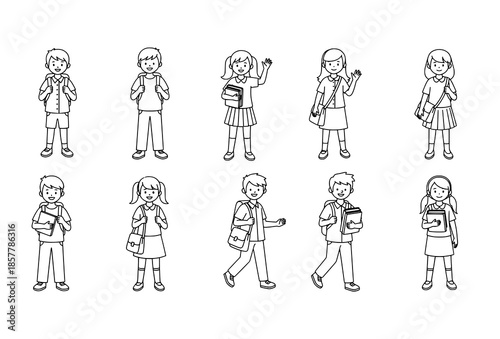 Minimal black outline school children characters with bags books and stationery vector illustration